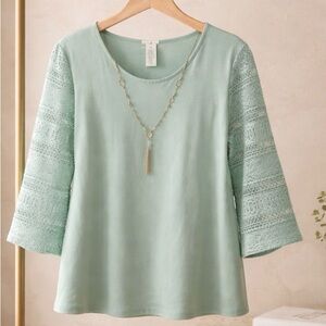 Alfred Dunner Light Green Lace Sleeve Blouse